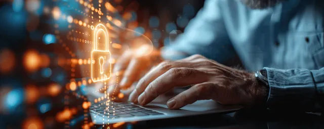 Businessman typing on laptop while a glowing padlock secures encrypted network data