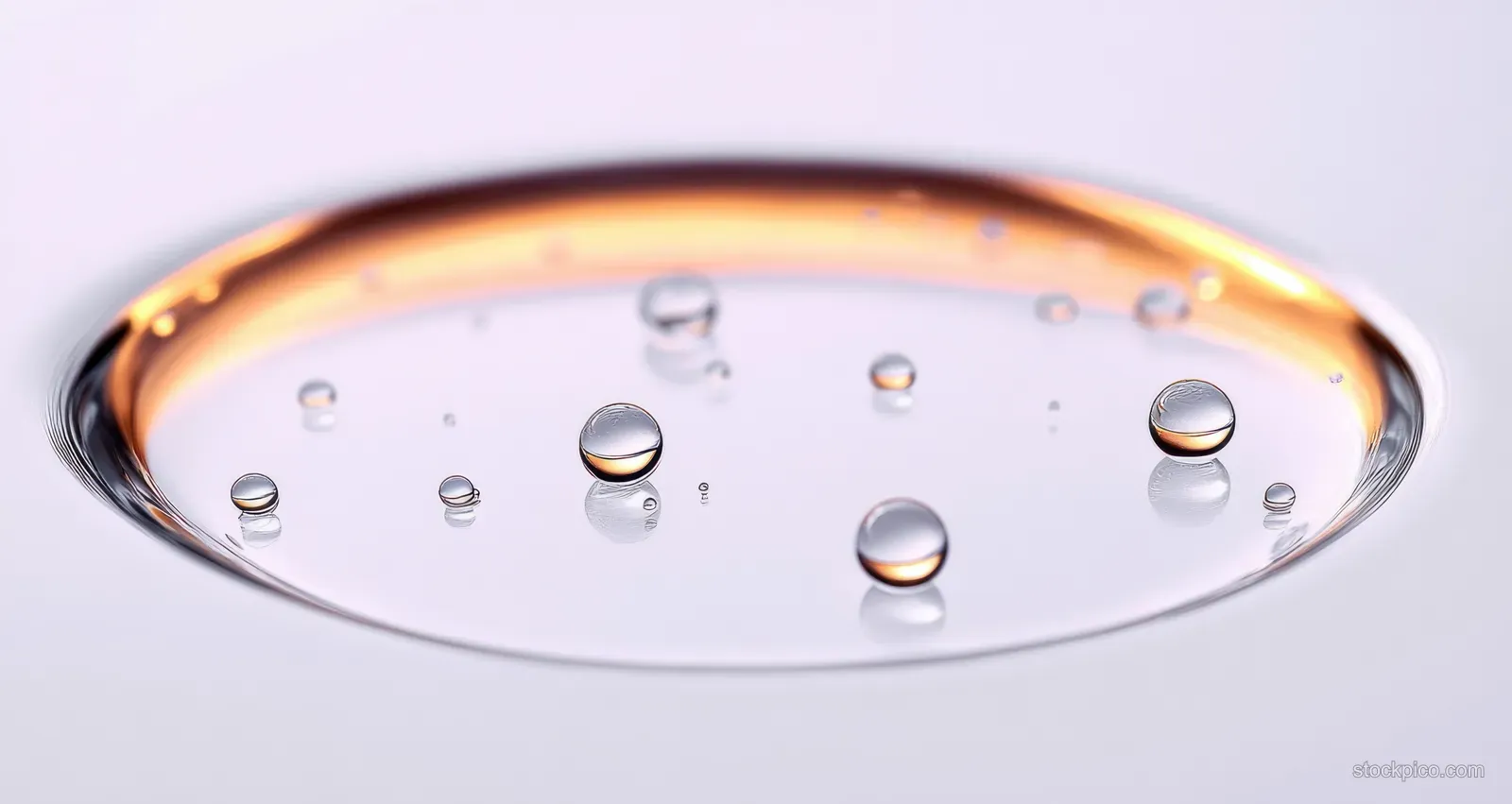 Clear water droplets rest on a smooth transparent surface with warm orange light reflections.