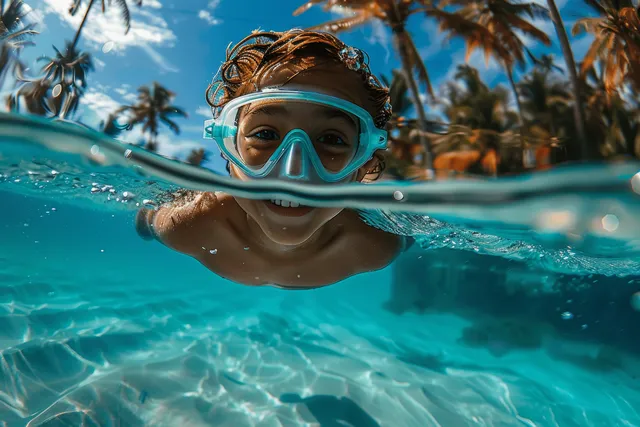 A smiling child swims underwater wearing goggles in clear turquoise water with palm trees visible above.