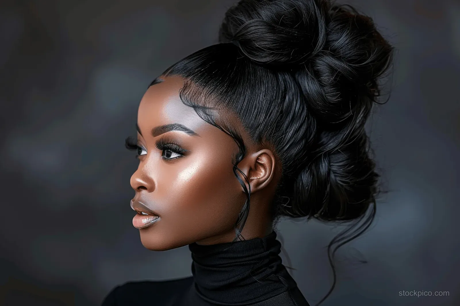 Elegant black woman in profile with a high ponytail and glam makeup against a dark studio gradient background.