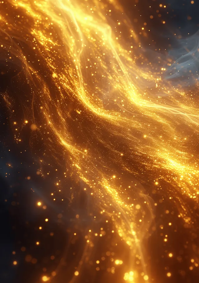 Golden diagonal glowing energy streaks and sparkling particles swirl across a dark space background.