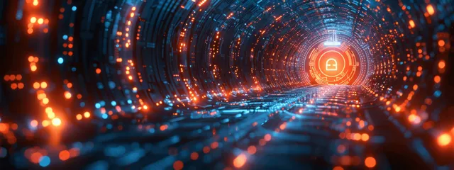 Holographic security lock icon at the end of a glowing cyber tunnel of data lines and network lights.