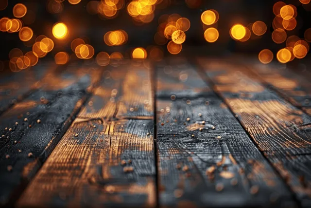 Empty wooden table top in dark night studio with golden bokeh lights above