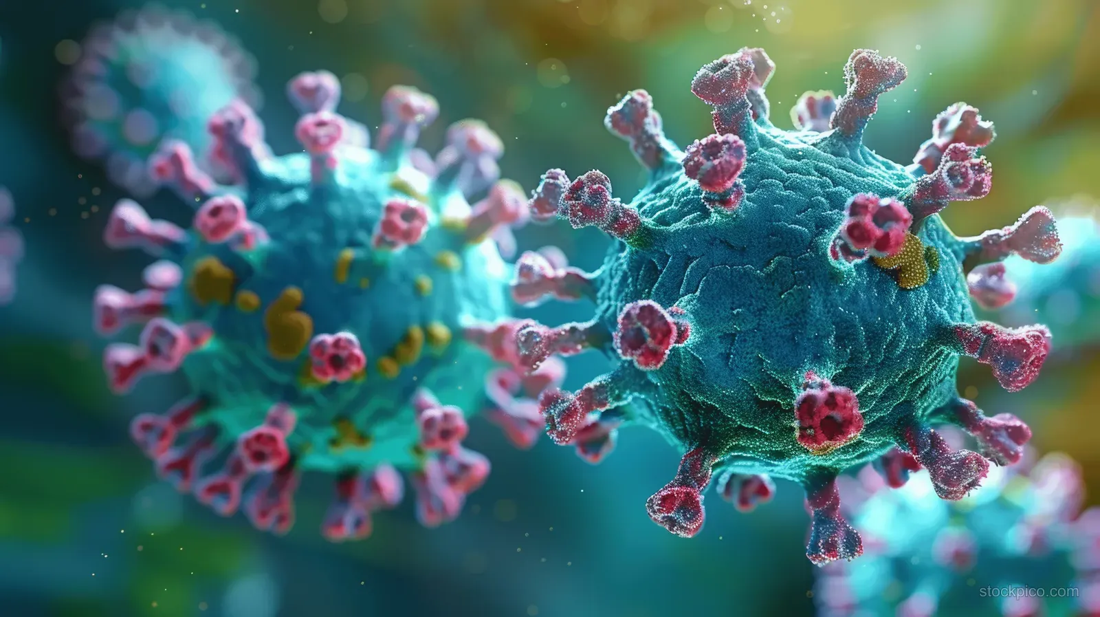 3D coronavirus-like cell surrounded by glowing viral particles under microscope-style lighting