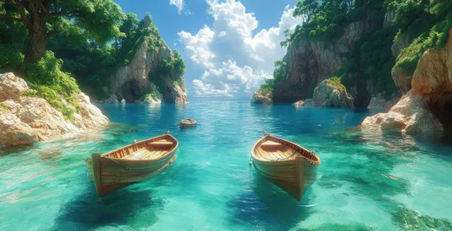 Tropical lagoon with long-tail boats floating between lush green limestone cliffs