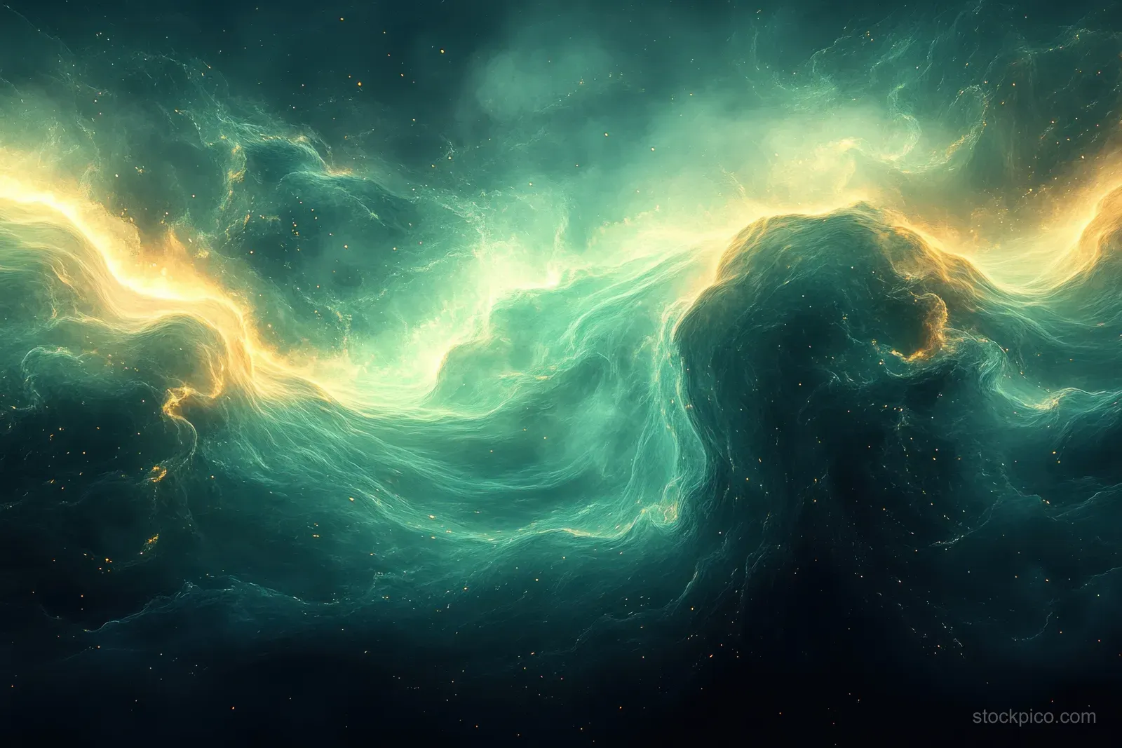 Green light leak glow swirls across a dark abstract background with a misty luminous aura.