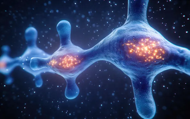 Glowing particles pass through a blue neuron synaptic gap as dendrite branches extend in a dark science background.