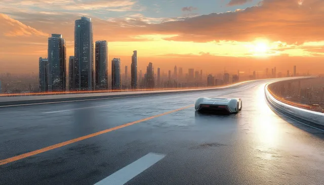 A white car speeds along a curved highway at sunset with skyscrapers and warm city skyline lights in the background.