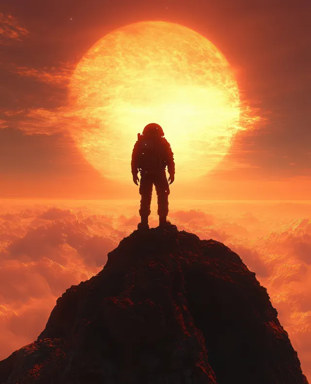 Astronaut silhouette stands on a rocky mountain peak while a giant glowing sun lights the sky over clouds.