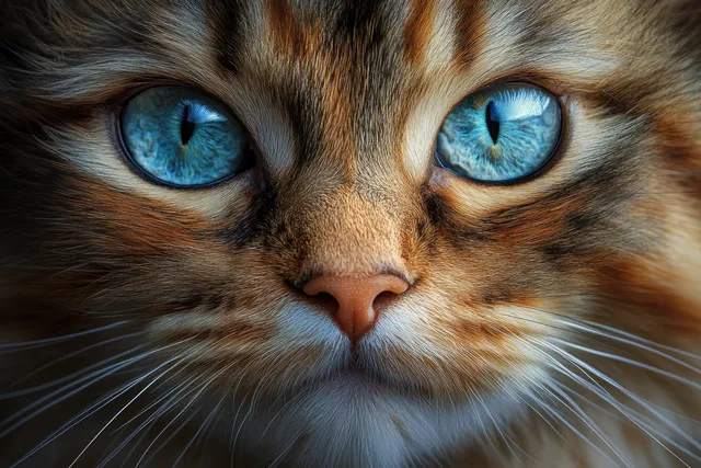 Close-up of a fluffy tabby cat with vivid blue eyes.