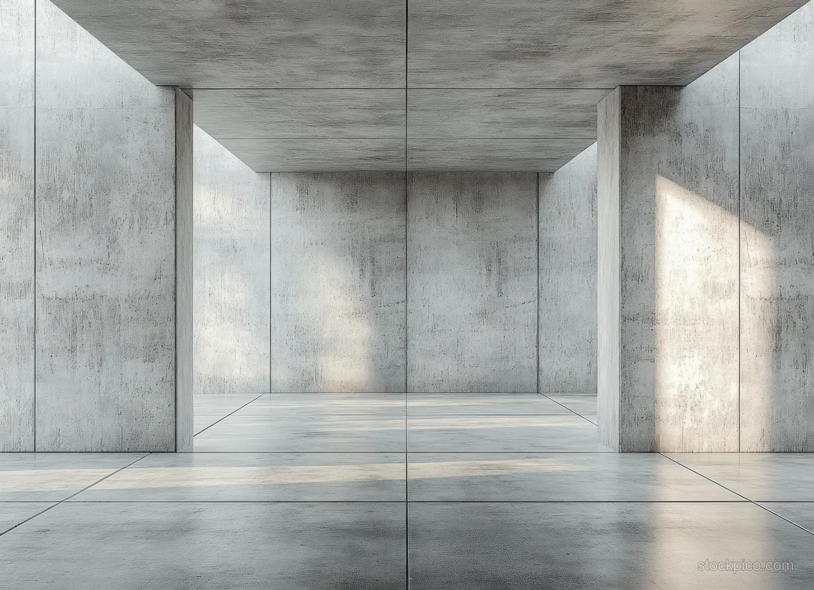 Empty minimalist concrete interior with textured walls, tiled floor, and soft diffused ambient lighting.