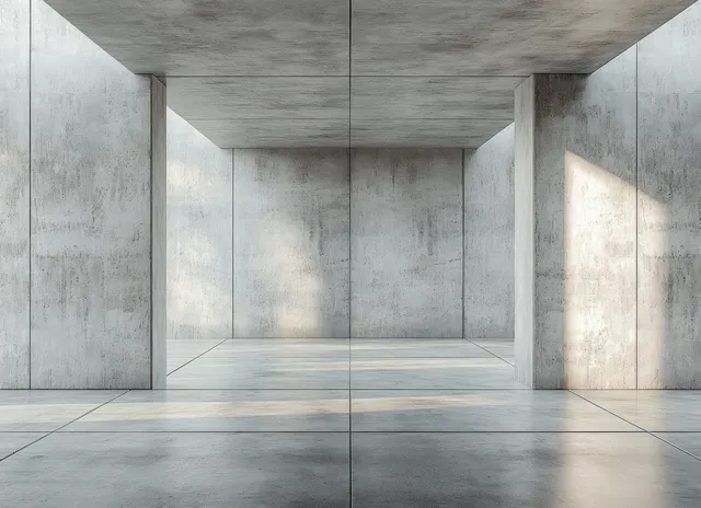 Empty minimalist concrete interior with textured walls, tiled floor, and soft diffused ambient lighting.