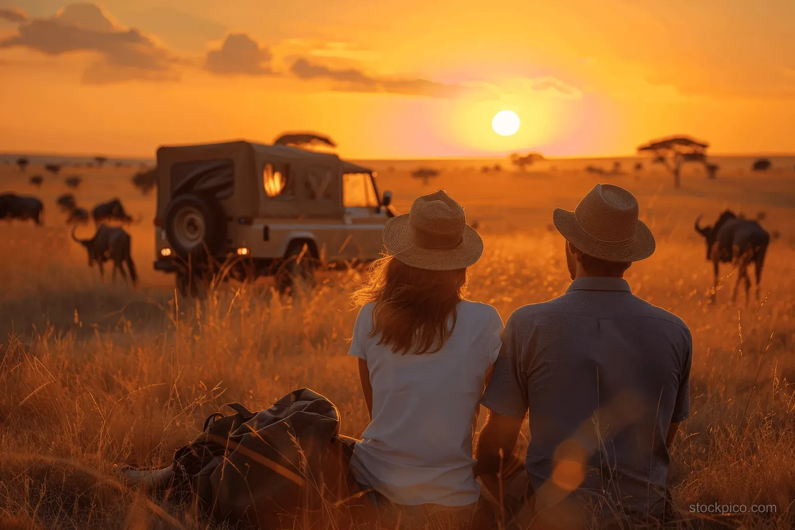 A young couple in safari hats watches a sunset from the savannah as a jeep and wildlife appear in the distance.
