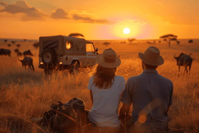 A young couple in safari hats watches a sunset from the savannah as a jeep and wildlife appear in the distance.