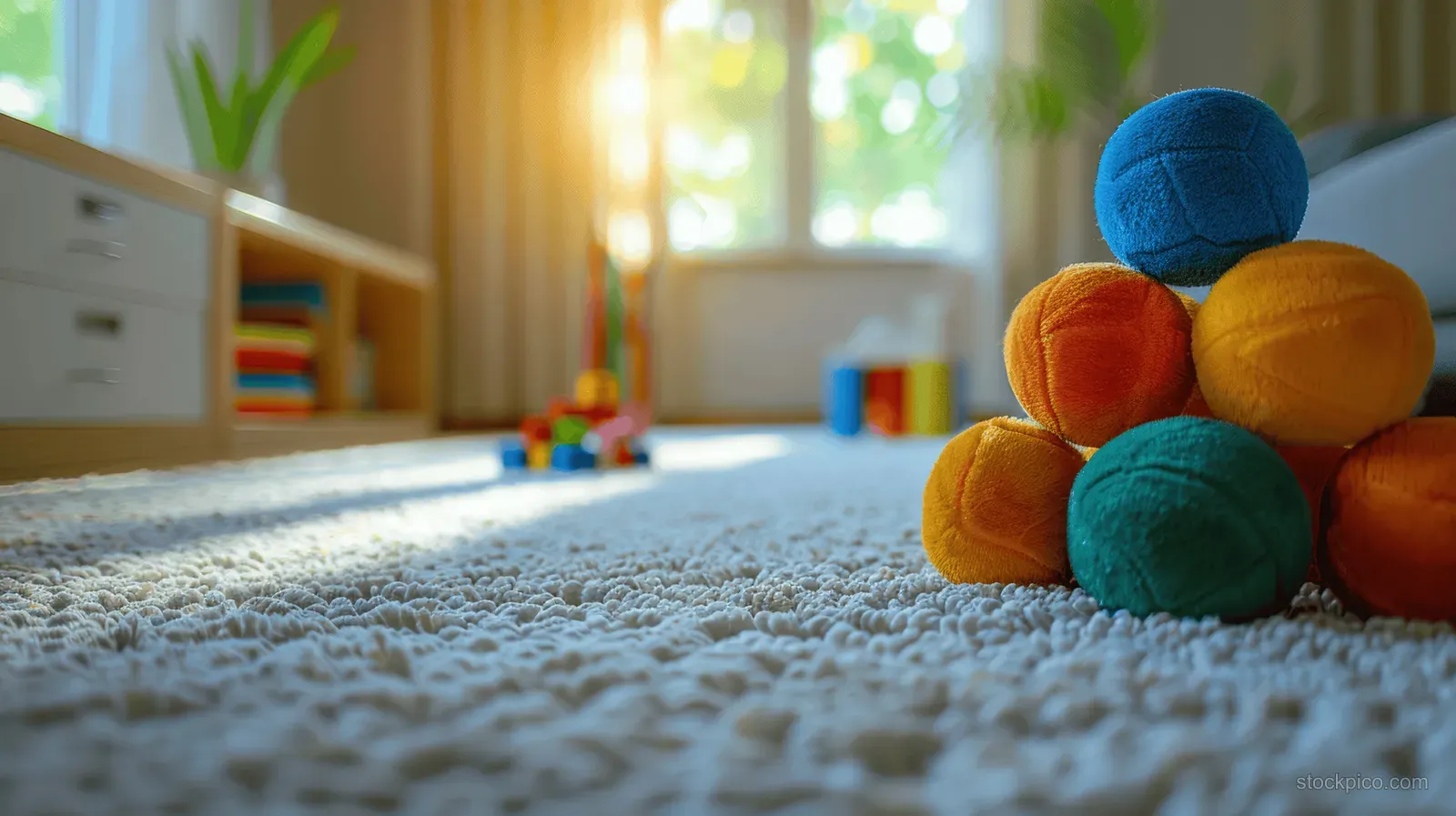 Plush balls rest on a light carpet in a children’s playroom with toys and warm window light in the background.