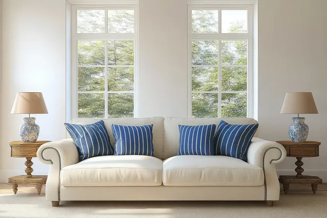 Cream sofa with blue striped pillows centered between two lamps and large windows letting in daylight.