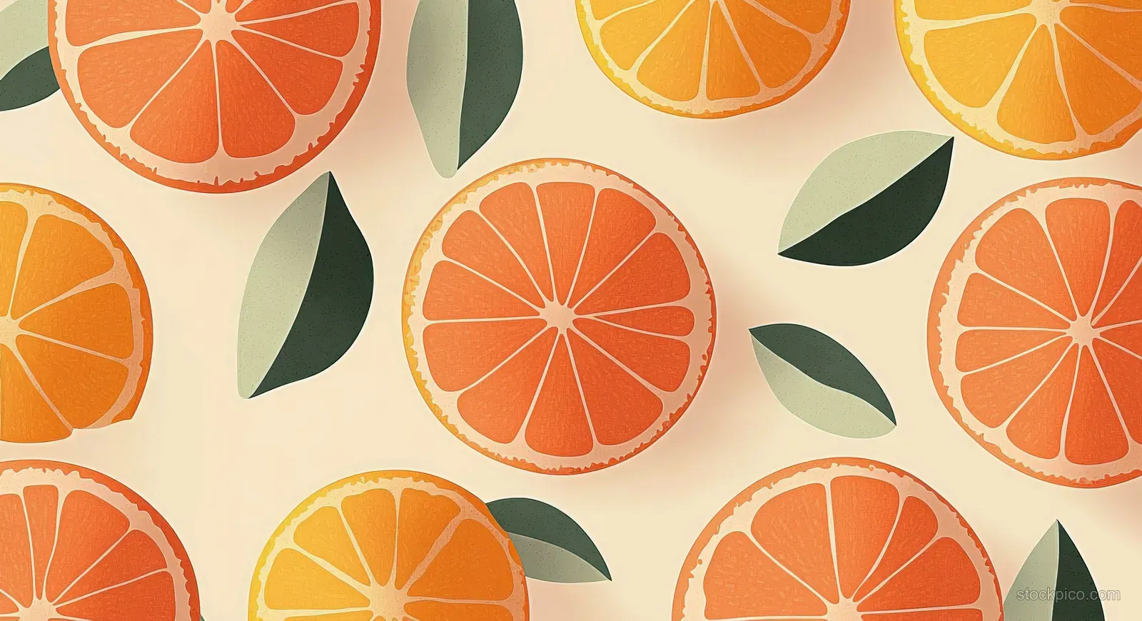 Repeating pattern of orange and yellow citrus slices with green leaves on a pale background.