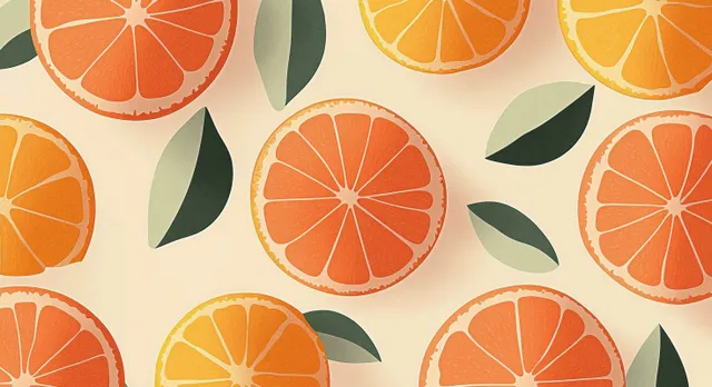 Repeating pattern of orange and yellow citrus slices with green leaves on a pale background.
