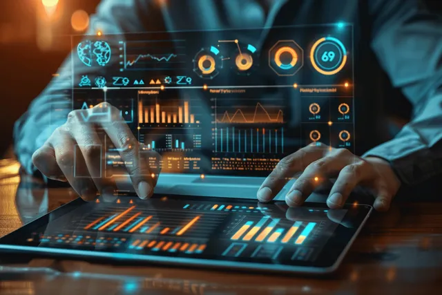 Analyst hands operate a laptop and tablet showing a glowing transparent sales analytics dashboard with charts.