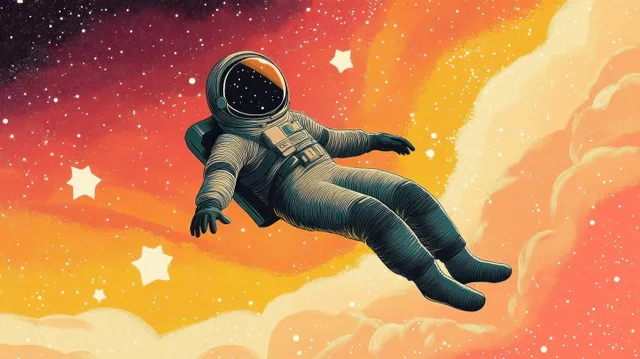 An astronaut in a dark spacesuit floats weightless through a colorful nebula filled with stars and glowing clouds.