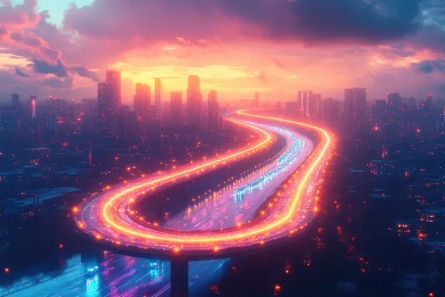 Futuristic Bangkok aerial skyline at dusk with glowing neon highways curving between skyscrapers