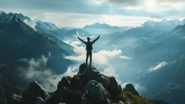 A hiker with arms raised stands on a rocky summit overlooking misty mountain valleys under blue sky.