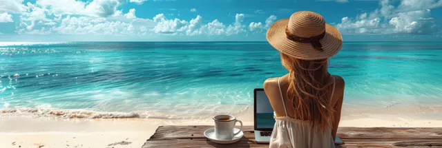 Woman works on a laptop at a beach table while looking toward a turquoise ocean horizon.