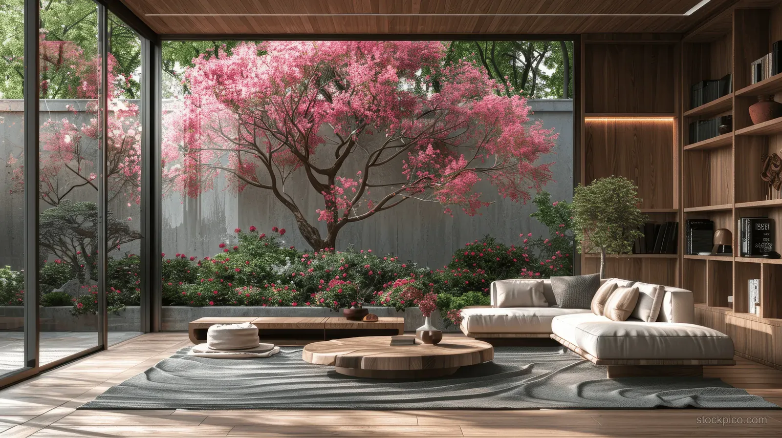 Japandi living room seating facing glass doors where a blooming pink tree fills the view.