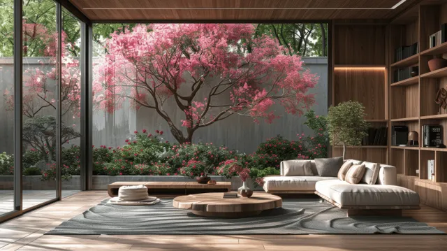 Japandi living room seating facing glass doors where a blooming pink tree fills the view.