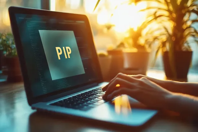 Hands typing on a laptop with a PIP screen as warm sunlight and potted plants fill the background.