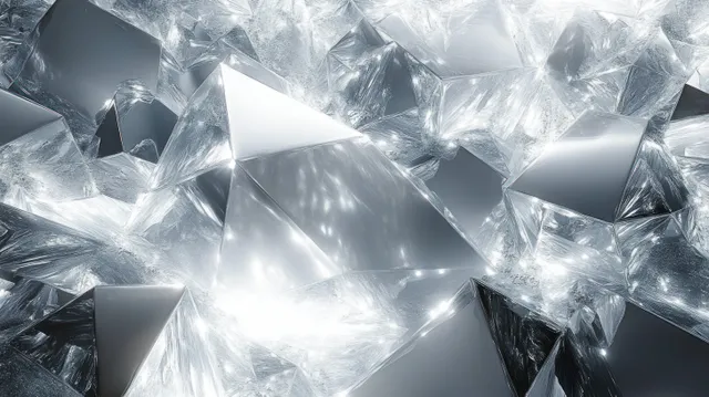 Close-up of transparent crystal shards clustered together, showing sharp facets reflecting bright light.