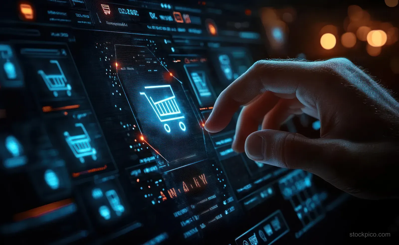 A hand taps a glowing futuristic touchscreen showing shopping cart icons and data charts in a dark cyber environment.