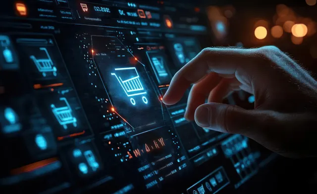 Hand tapping a glowing futuristic touchscreen control panel with cart icons and data charts