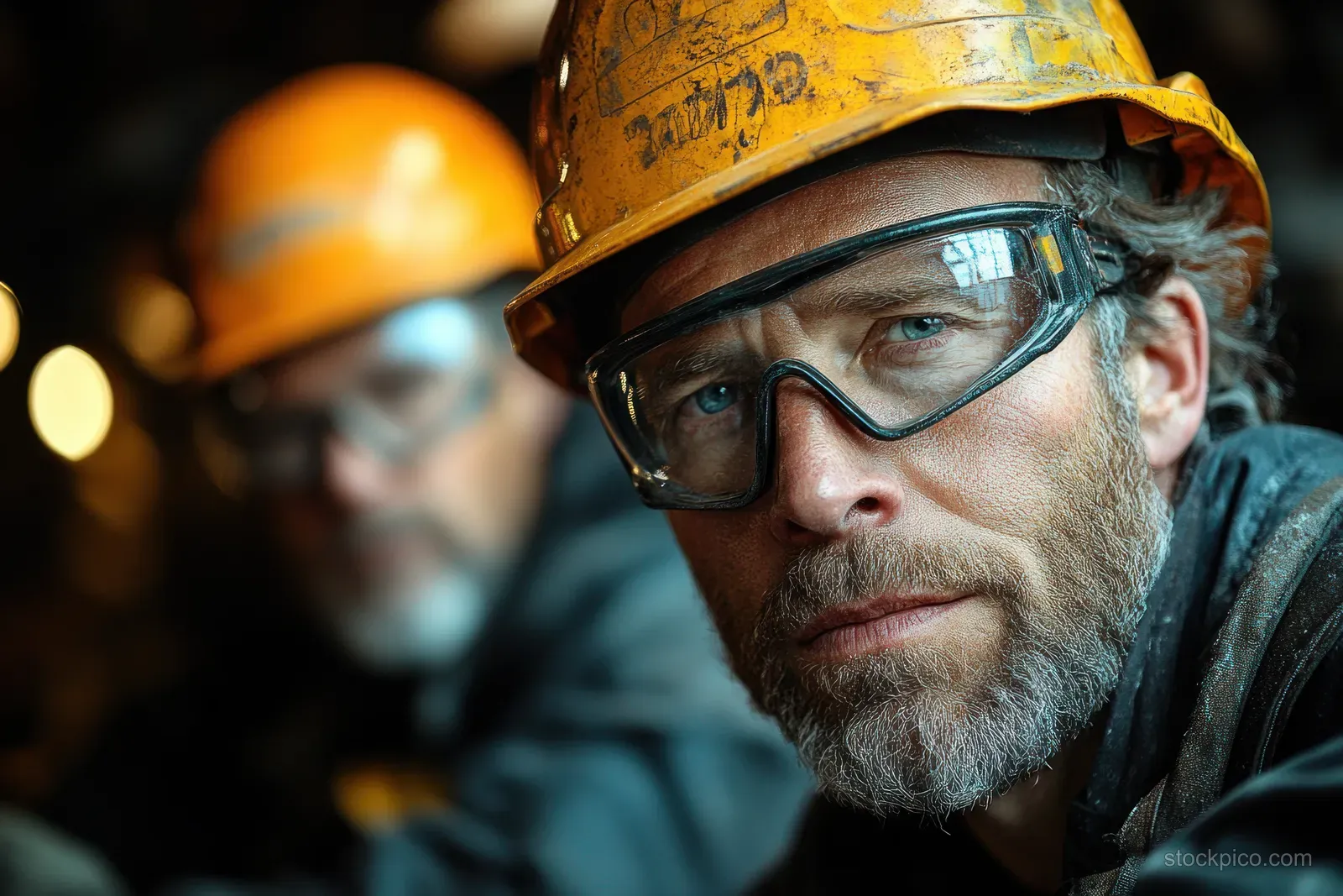 An engineer in a hard hat inspects industrial machinery while discussing safety protocols with a tablet in a factory.