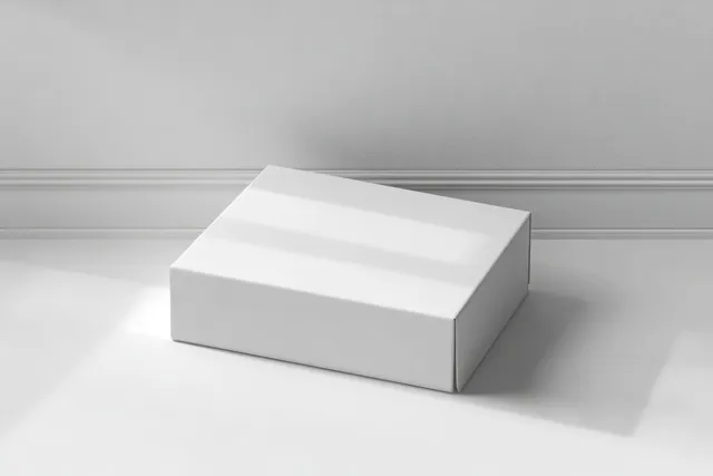 A closed white rectangular box sits on a clean white surface under soft daylight with subtle shadows.