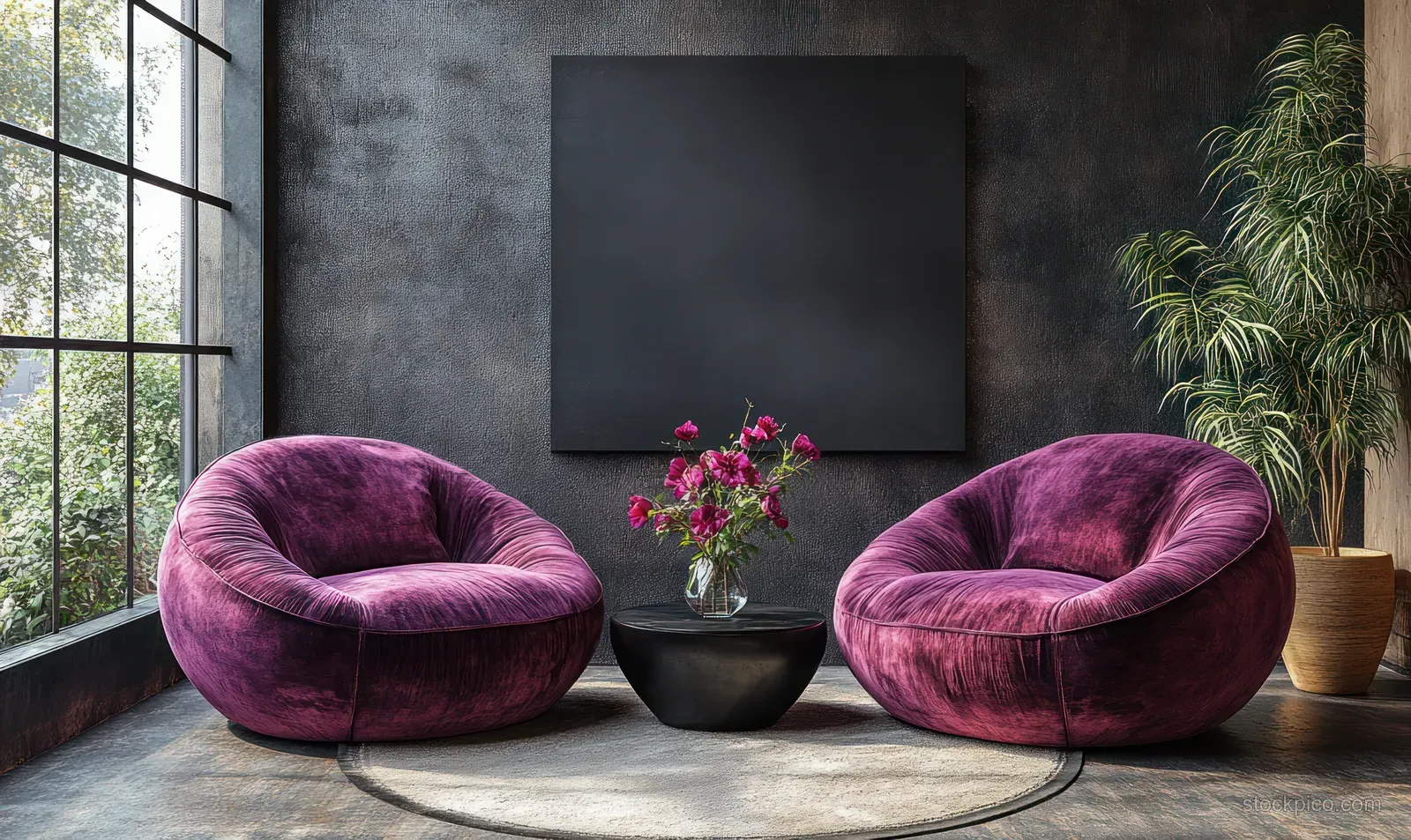 Mauve velvet armchairs sit on a rug beside a black coffee table with a vase of pink flowers in a minimalist room.