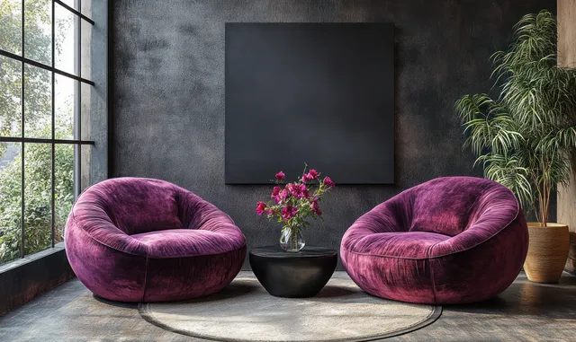Mauve velvet armchairs sit on a rug beside a black coffee table with a vase of pink flowers in a minimalist room.