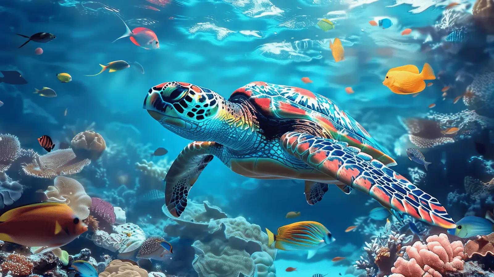 A sea turtle swims over colorful coral reef with many tropical fish in clear blue water.