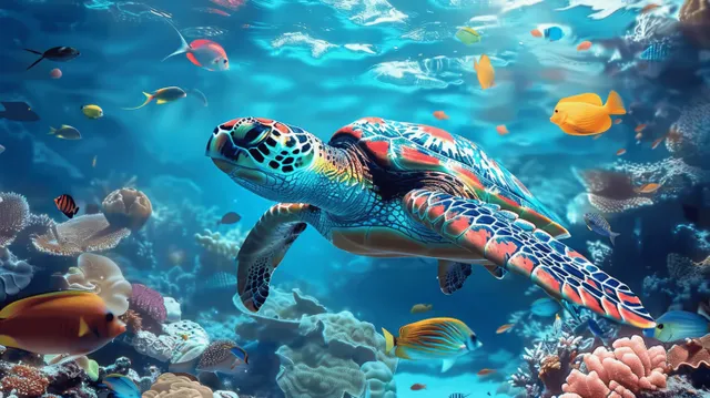 A sea turtle swims over colorful coral reef with many tropical fish in clear blue water.