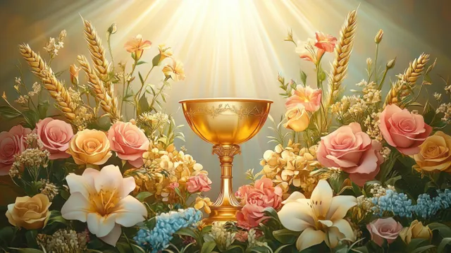 Golden chalice in the center of pink roses, white lilies, wheat stalks, and other flowers under golden sunlight rays.