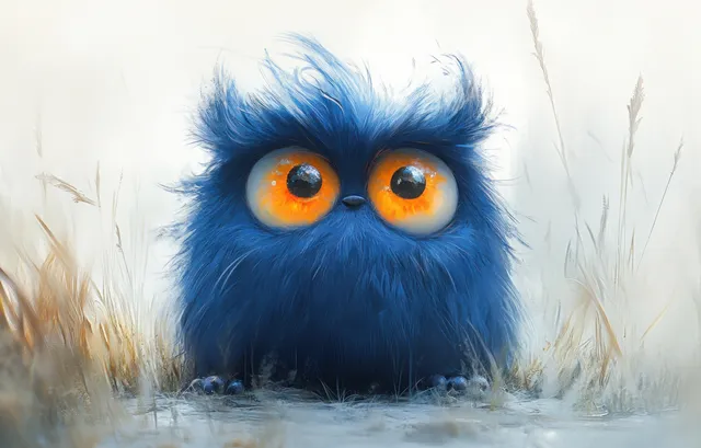 A blue furry monster peeks from snowy ground with glowing orange eyes looking directly at the camera.