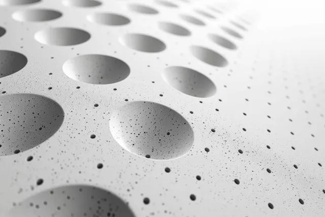 White perforated film surface covered with small holes and rounded dimples in a seamless texture closeup.