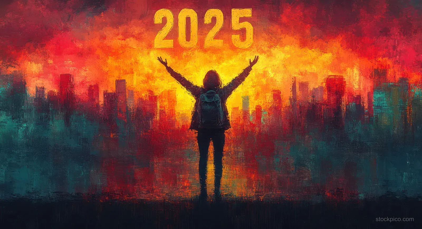 A person silhouette cheers with arms raised as the year 2025 glows above a sunrise city skyline.