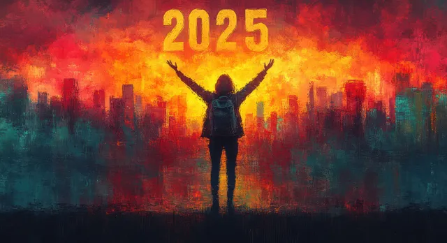 Silhouette figure with arms raised celebrating 2025 at sunrise over city skyline