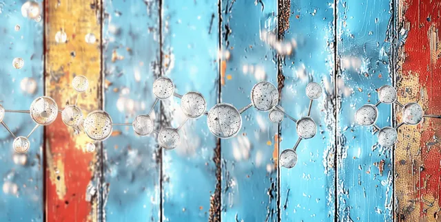 Silver sphere molecular nodes connected by thin lines over a blue glass background with scattered water droplets.