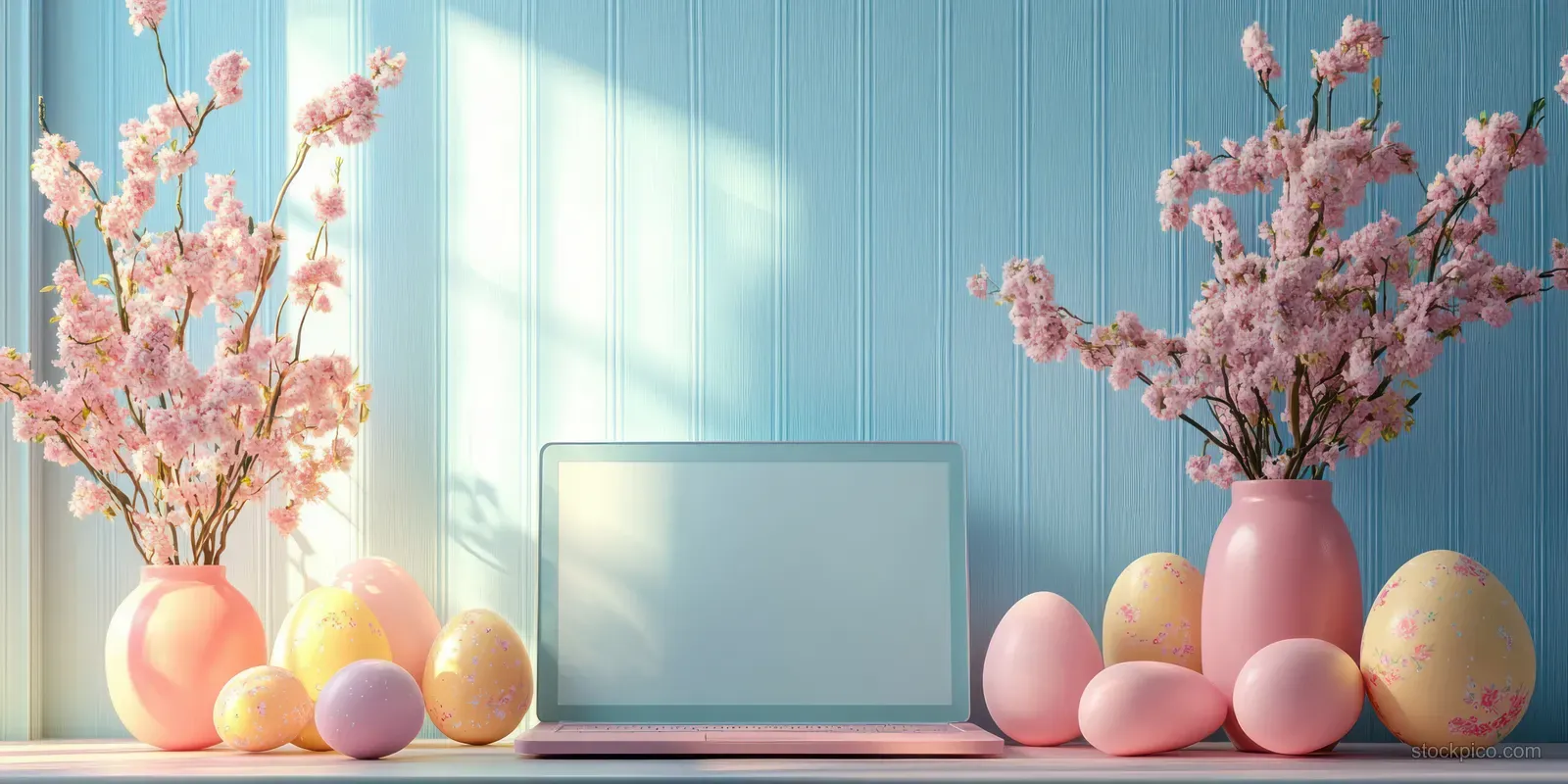 Pastel Easter eggs and pink cherry blossom vases flank a pink laptop on a blue wooden desk.