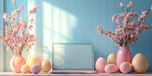 Pastel Easter eggs and pink cherry blossom vases flank a pink laptop on a blue wooden desk.