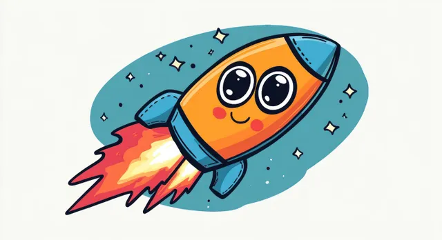 A smiling cartoon rocket with big eyes blasts through space surrounded by stars and fiery exhaust.