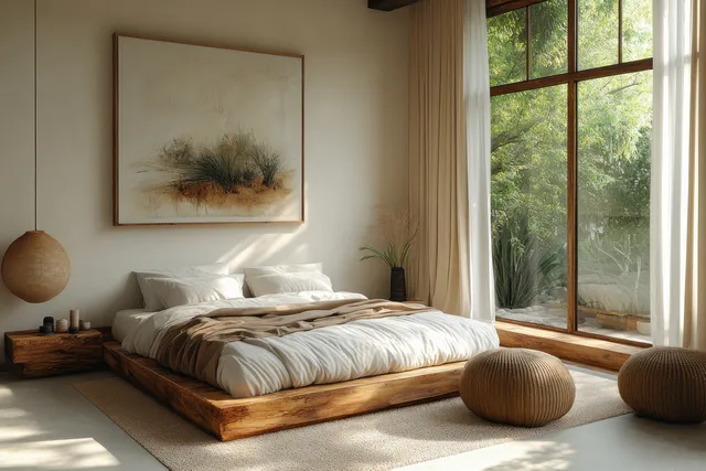 Minimal bedroom with a wooden bed, beige curtains, and natural sunlight entering through a large window.