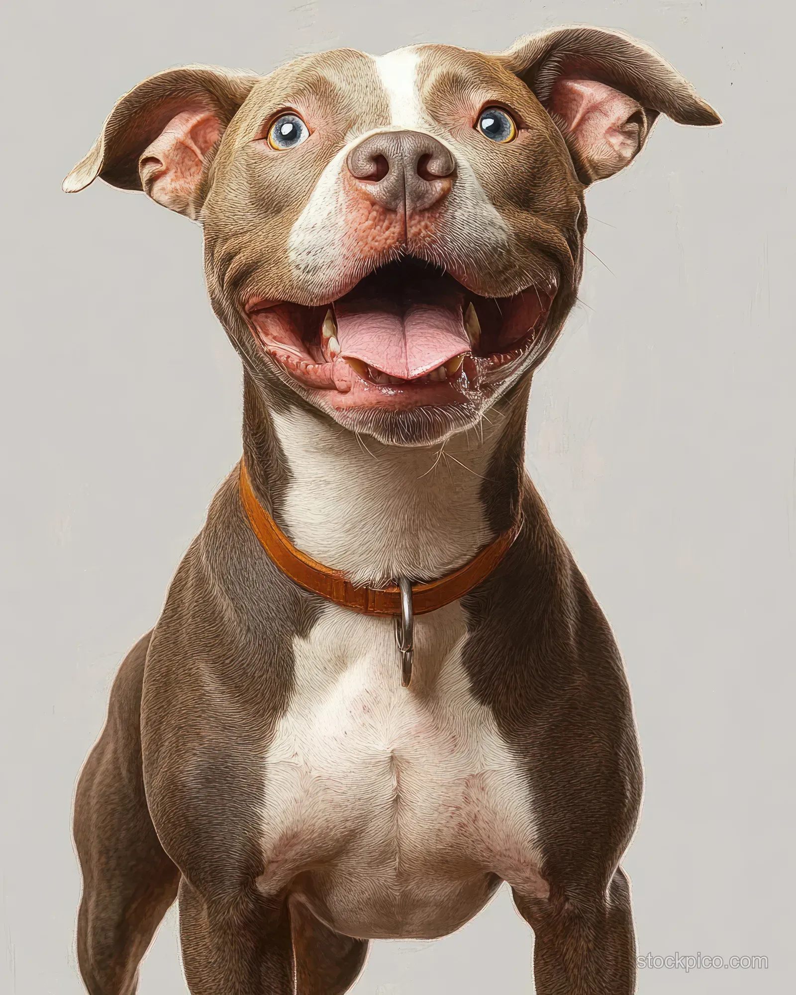 Brown and white dog with blue eyes panting with mouth open against a plain light background.